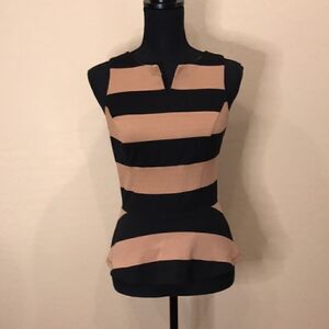 Tinley Road Brand Sleeveless Notch Neck Knit Top, Black and Tan Striped